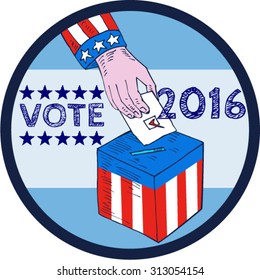 Etching engraving handmade style illustration of a hand with american stars and stripes clothing holding ballot voting putting in ballot box with the words Vote 2016 in the background inside circle. 