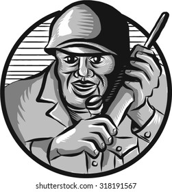 Etching engraving handmade style illustration of a World War two American soldier serviceman talking calling on field radio walkie-talkie viewed from front set inside circle.