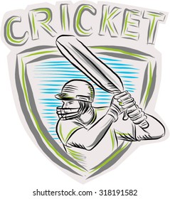 Etching engraving handmade style illustration of a cricket player batsman with bat batting viewed from side set inside shield crest. 