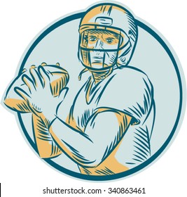 Etching Engraving Handmade Style Illustration Of An American Football Gridiron Quarterback Qb Throwing Ball Viewed From Front Set Inside Circle On Isolated Background. 