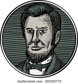 Etching engraving handmade style of a Victorian gentleman with goatee beard facing front set inside circle. 