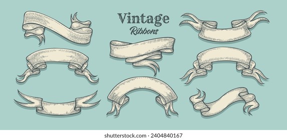 Colocando el conjunto de banners de la cinta. Anuncios retro de dibujos animados antiguos, ajustados para título o texto, colección de cintas en blanco aislado ilustración vectorial