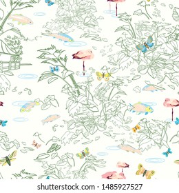 Etching style exotic jungle landscape pattern. Botanical leaf, line art etching style, in pastel green tones. Cottage lake, fish, butterfly. Packaging design, home decor, stationary.