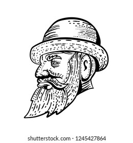 Etching style illustration of a hipster gentleman with bushy beard and mustache wearing a bowler hat viwedr from side done on scraperboard scratchboard style in black and white.