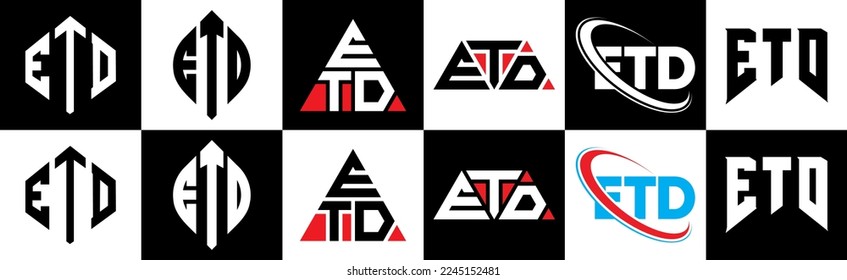 ETD letter logo design in six style. ETD polygon, circle, triangle, hexagon, flat and simple style with black and white color variation letter logo set in one artboard. ETD minimalist and classic logo