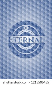 Eternal blue emblem with geometric pattern background.