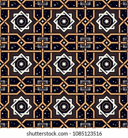 Eternal Calmness. Seamless pattern with stars and golden lattice in esoteric style. Alchemy, space, spirituality, mysticism.