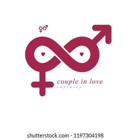 Eternal Couple conceptual logo, vector symbol created with infinity sign and male Mars an female Venus signs. Relationship idea.