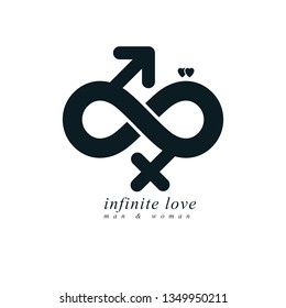 Eternal Couple conceptual logo, vector symbol created with infinity sign and male Mars an female Venus signs. Relationship idea.