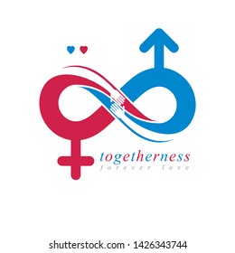 Eternal Couple conceptual logo, vector symbol created with infinity sign and male Mars an female Venus signs. Relationship idea.

