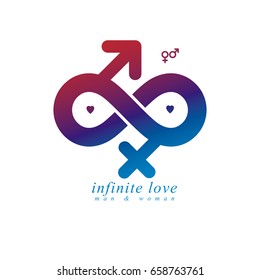 Eternal Couple conceptual logo, vector symbol created with infinity sign and male Mars an female Venus signs. Relationship idea.