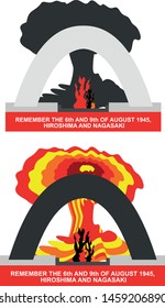 The eternal flame in memory of August 6 and 9, 1945, Hiroshima and Nagasaki. atomic bomb blast. set of two illustrations