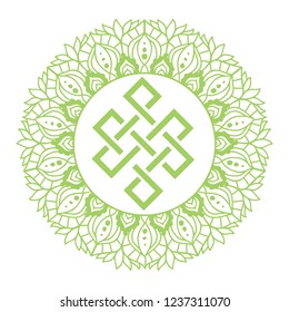 Eternal knot, symbol for life path inside mandala, circular figure representing the universe in Hindu and Buddhist. logo emblem