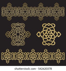 The eternal knot, two versions and seamless border with interlacing pattern in gold color on black background