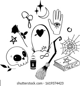 eternal love. hand-drawn, with ink, stock vector set. Tombstone, skull, grass, cobweb, broom, crescent, stars, book, magic, witchcraft, poison, roses, mushrooms, third eye, eternity