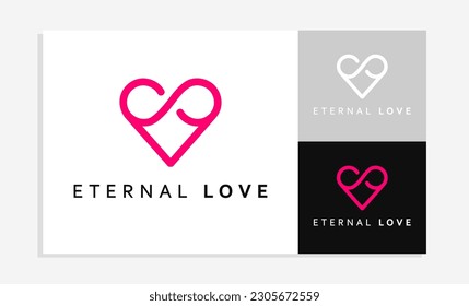 Diseño del logo de Amor Eterno con el corazón rosado y símbolo infinito. Infinity ama el concepto de estilo plano para aplicaciones de citas, centro médico, donación, organización benéfica, nombre de marca, negocios. Ilustración del vector