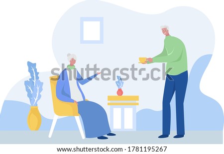 Eternal love vector concept: elderly man giving a cup of tea to his old wife