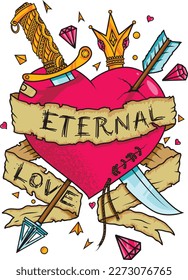 Eternal love vector illustration, heart with arrow and dagger inside. Made in a colorful style with jewels on the background.
Illustration of love no matter what