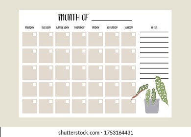 Eternal Monthly Planner. Hand drawn potted plants. Perfect for schedule, organizer, calendar for study, school or work, printable 