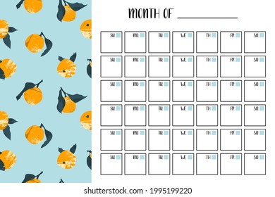 Eternal Monthly Planner. Mandarin, tangerine, orange, citrus fruit. Perfect for schedule, organizer, calendar for study, school or work, printable 