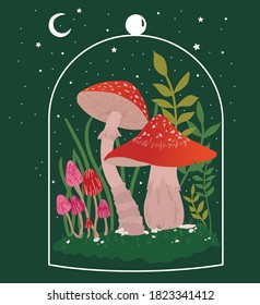 eternal mushroom in the fairy world, flat mushrooms illustration