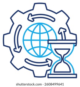 Eternal Process icon represented by world, gear, circle arrow, hourglass Dual Line style.