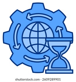 Eternal Process icon represented by world, gear, circle arrow, hourglass Blue style.