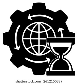 Eternal Process icon represented by world, gear, circle arrow, hourglass Black Filled style.
