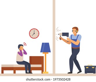 Eternal Repair Concept, Noisy Neighbours Vector Color Icon Design, neighbourhood conflicts Stock illustration, bad neighbors Symbol, sleeping disturbance sign, Repairman Making a Hole in joint Wall