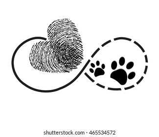 Eternity with finger print heart and dog paw prints symbol tattoo vector illustration