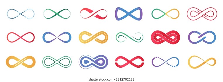 Eternity forever icons, infinity eternal sign. Endless color isolated flat symbols, abstract geometric logo. Decent business vector graphic set