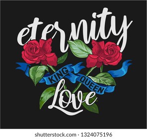 eternity love slogan with red roses and blue ribbon illustration