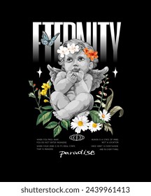 eternity slogan with boy andgel sitting in flower gaeden hand drawn vector illustration on black background