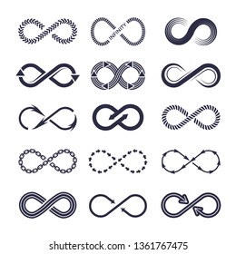 Eternity symbols. Vector monochrome icon collection of infinity logotypes