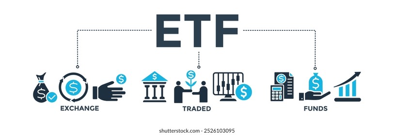 ETF banner concept Exchange Traded Funds Stock Market Investment with icon of money, cash flow, trading, transaction, bank, accounting, and growth. Web icon vector illustration
