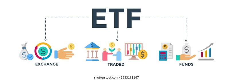 ETF banner concept Exchange Traded Funds Stock Market Investment with icon of money, cash flow, trading, transaction, bank, accounting, and growth. Web icon vector illustration
