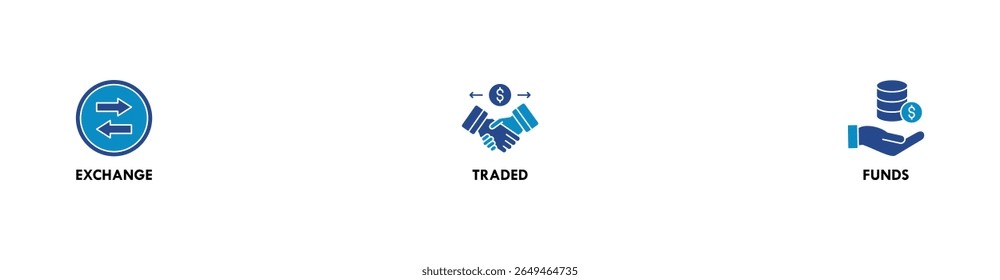 Concepto de Ilustración vectorial de ícono de Web de Anuncio ETF Fondos negociados en bolsa Inversión en el mercado de valores con ícono de dinero, flujo de efectivo, operaciones, transacciones, bancos, contabilidad y crecimiento