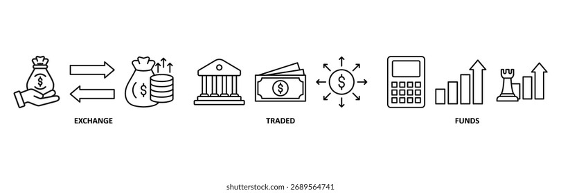 Ilustração vetorial do ícone da web do ETF para o Exchange Traded Funds Stock Market Investment com ícone de dinheiro, fluxo de caixa, negociação, transação, banco, contabilidade e crescimento