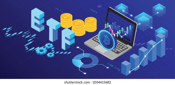 ETF Bitcoin Blockchain Technology Funding Digital Currency, 3D Illustrator ETF Financial Technology Blockchain Isometric Vector.