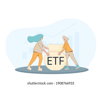 ETF concept. Economic diversification. Two investors holding a bag with Exchange Traded Funds. Young man and woman with investment symbols. Line art flat vector illustration. 