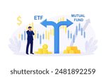 ETF. Exchange traded fund. Index fund or mutual fund. Businessman investor choosing between investing products. Diversified investment portfolio, wealth management and asset allocation. Money question