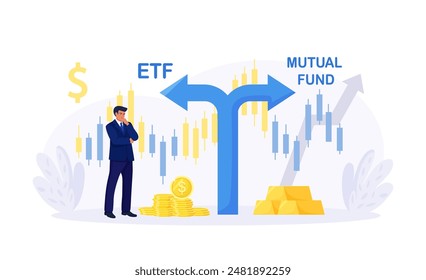 ETF. Exchange traded fund. Index fund or mutual fund. Businessman investor choosing between investing products. Diversified investment portfolio, wealth management and asset allocation. Money question