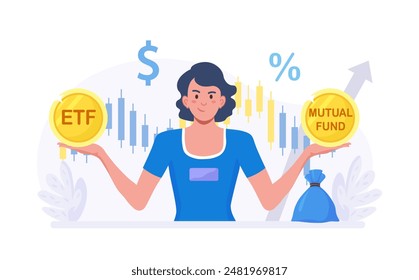 ETF. Exchange Traded Fund. Indexfonds oder Investmentfonds. Person Anleger, die sich zwischen Anlageprodukten entscheidet. Diversifiziertes Investment Portfolio, Vermögensverwaltung und Asset Allocation. Geldfrage