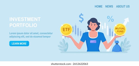 ETF. Exchange traded fund. Index fund or mutual fund. Person investor choosing between investing products. Diversified investment portfolio, wealth management and asset allocation. Money question