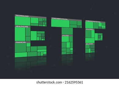 ETF - Fondo de intercambio comercial. Cartas como mapa de calor. Índice ETF que consiste en acciones tecnológicas, financieras y cíclicas de consumo. El concepto de mercado de valores de crecimiento. Inversión a largo plazo. Ilustración del vector