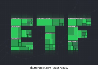 ETF - Fondo de intercambio comercial. Cartas como mapa de calor. Índice ETF que consiste en acciones tecnológicas, financieras y cíclicas de consumo. El concepto de mercado de valores de crecimiento. Inversión a largo plazo. Ilustración del vector