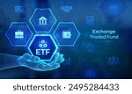 ETF. Exchange traded fund stock market trading investment financial concept on virtual screen. ETF icon in wireframe hand. Stock market index fund. Business Growth. Vector illustration.