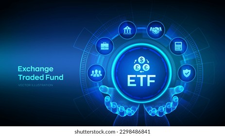 ETF. Exchange traded fund stock market trading investment financial concept in wireframe hands. Stock market index fund. Business Growth. Vector illustration.