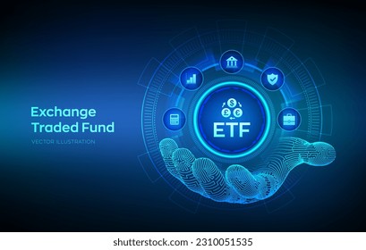 ETF. Exchange traded fund stock market trading investment financial concept in wireframe hand. Stock market index fund. Business Growth. Vector illustration.