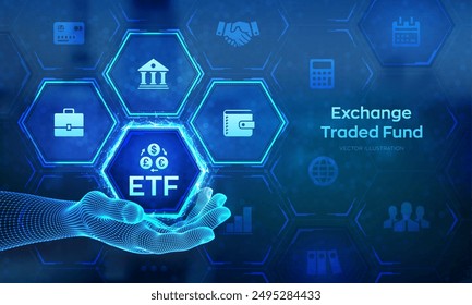 ETF. Exchange traded fund stock market trading investment financial concept on virtual screen. ETF icon in wireframe hand. Stock market index fund. Business Growth. Vector illustration.